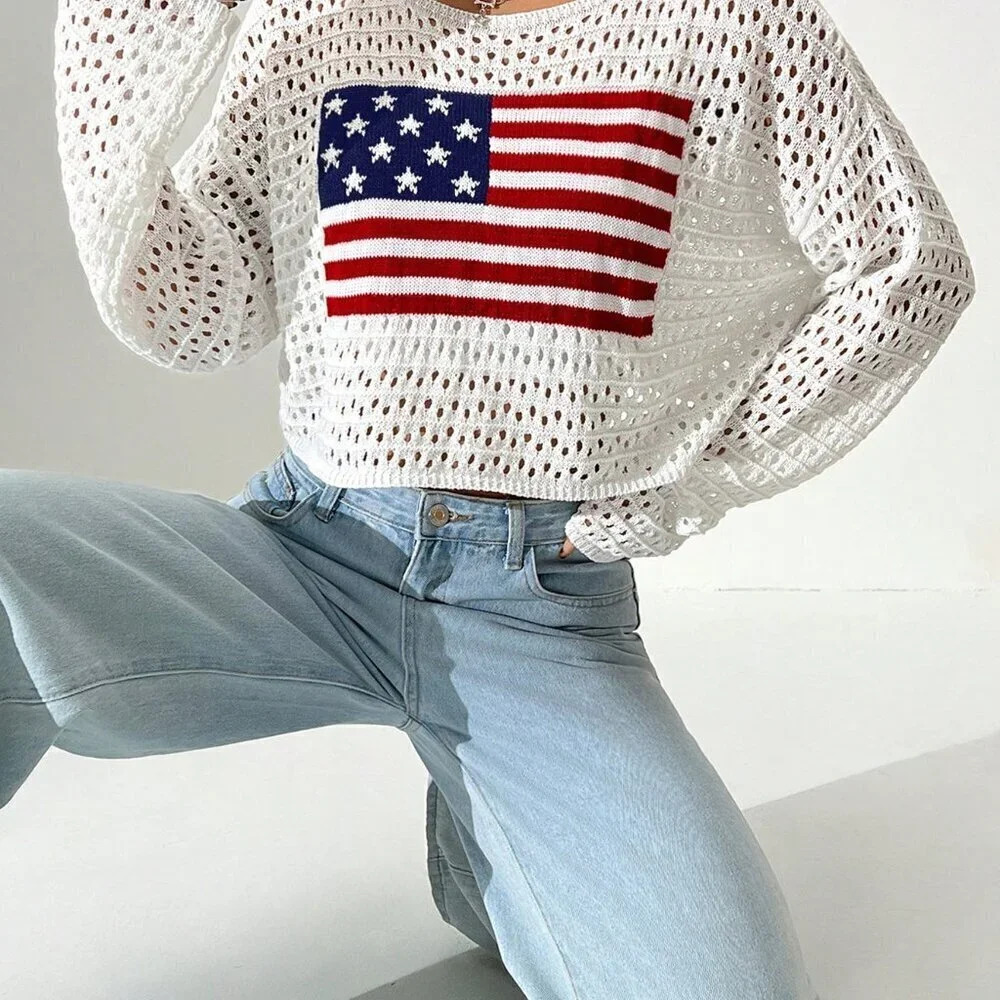 White Casual Women's Hollow Out Sweater With Flag Print Round Neck - Picture 6 of 7